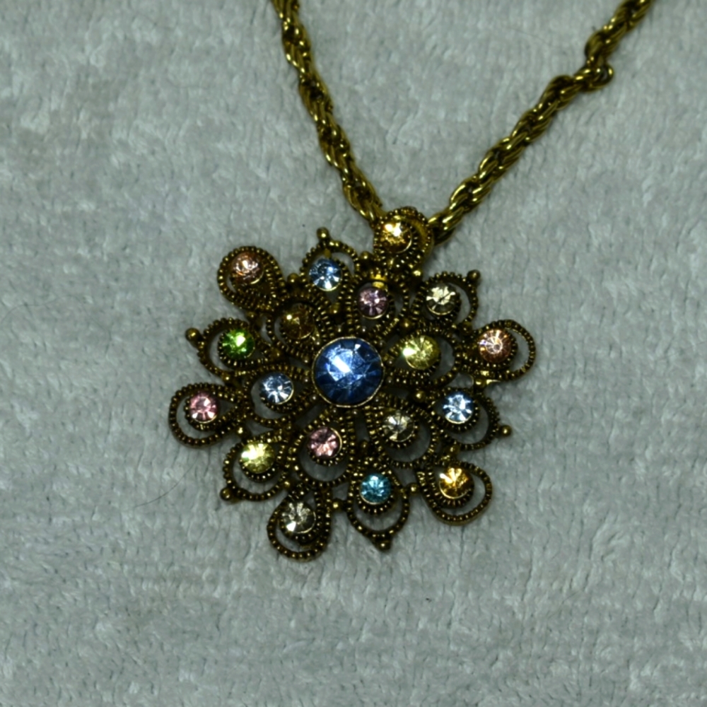 Multi Colored Pastel Glass and Bronze Pendant Necklace